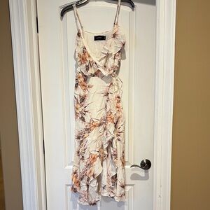 MINKPINK Cream and Tan Floral Hawaii Theme Ruffled Wrap Midi Dress Large